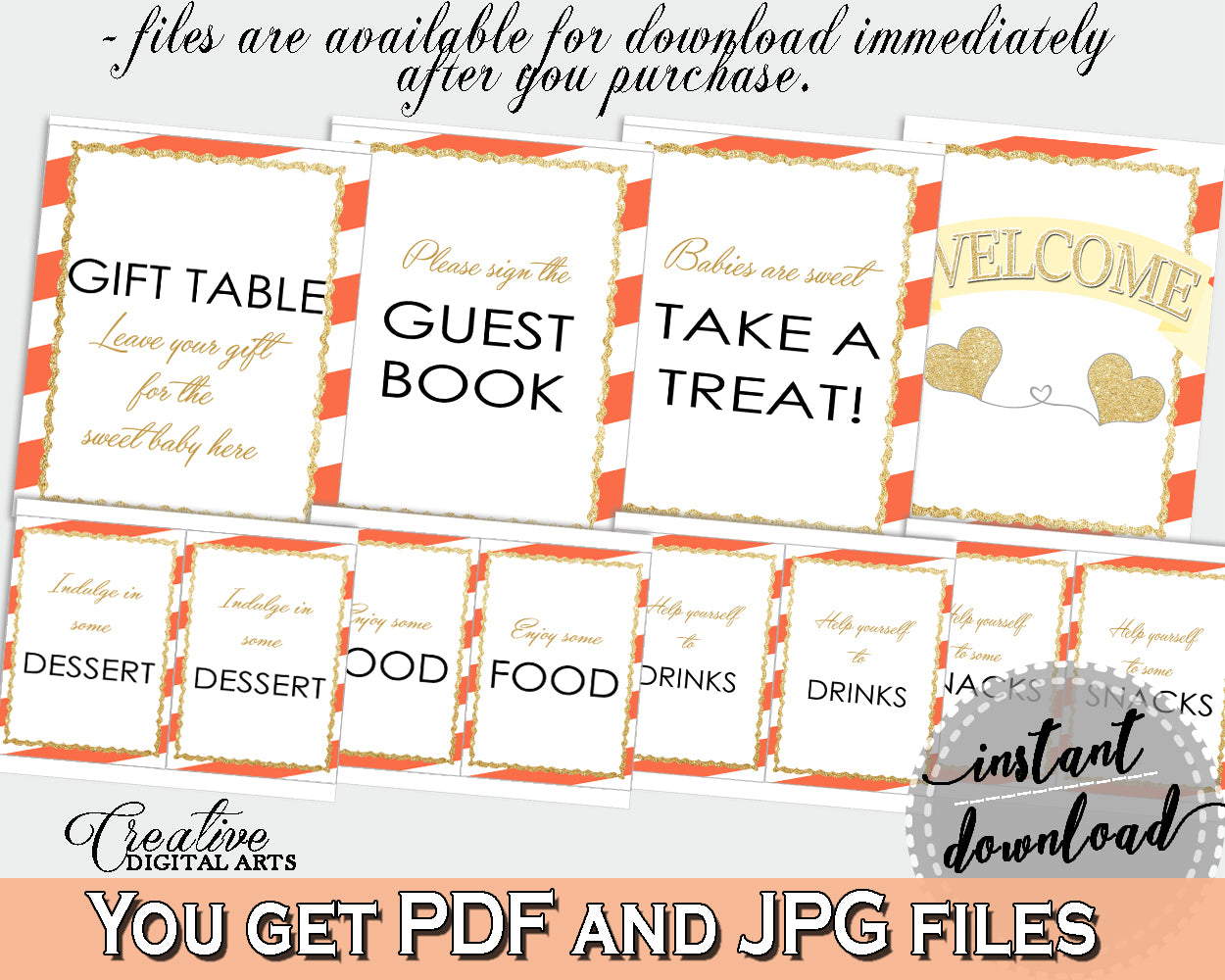 Baby shower TABLE SIGNS decoration printable with orange strips theme, gold glitter shower, digital jpg pdf, instant download - bs003