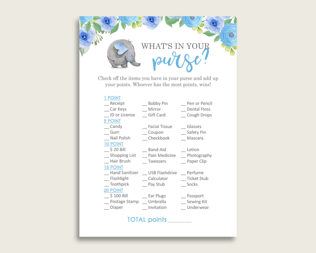 Elephant Blue What's In Your Purse Game Printable, Blue Gray Whats In Your Purse, Boy Baby Shower Purse Game, Instant Download, ebl01