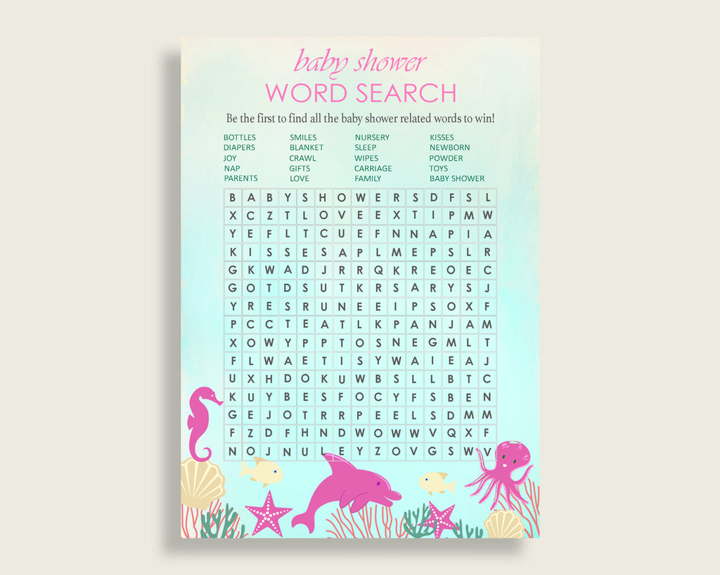 Under The Sea Word Search Game, Pink Green Baby Shower Word Search Cards Printable, Girl Baby Shower Activities, Hidden Words, Instant uts01
