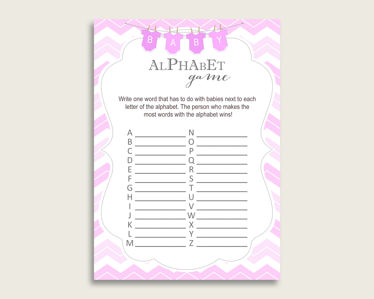 Pink White Alphabet Baby Shower Girl Game, Chevron A-Z Guessing Baby Game Printable, ABC's Baby Item Name Game, Instant Download, cp001