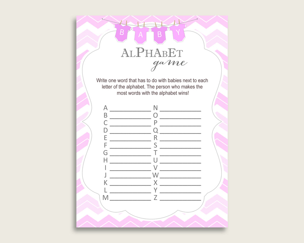 Pink White Alphabet Baby Shower Girl Game, Chevron A-Z Guessing Baby Game Printable, ABC's Baby Item Name Game, Instant Download, cp001