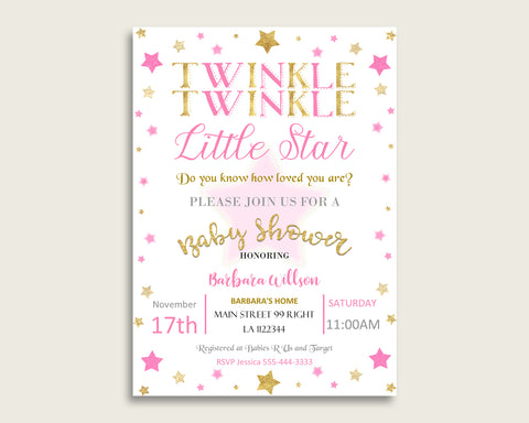 Twinkle Star Baby Shower Invitations Printable, Digital Or Printed Invitation Baby Shower Girl, Editable Invitation Pink Gold Cute bsg01