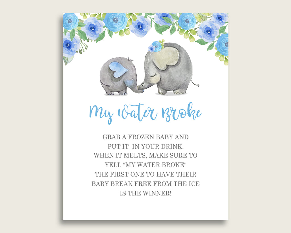Elephant Blue Baby Shower My Water Broke Game Printable, Blue Gray Ice Cube Babies Game, Boy Baby Shower Frozen Babies Game Sign 8x10 ebl01