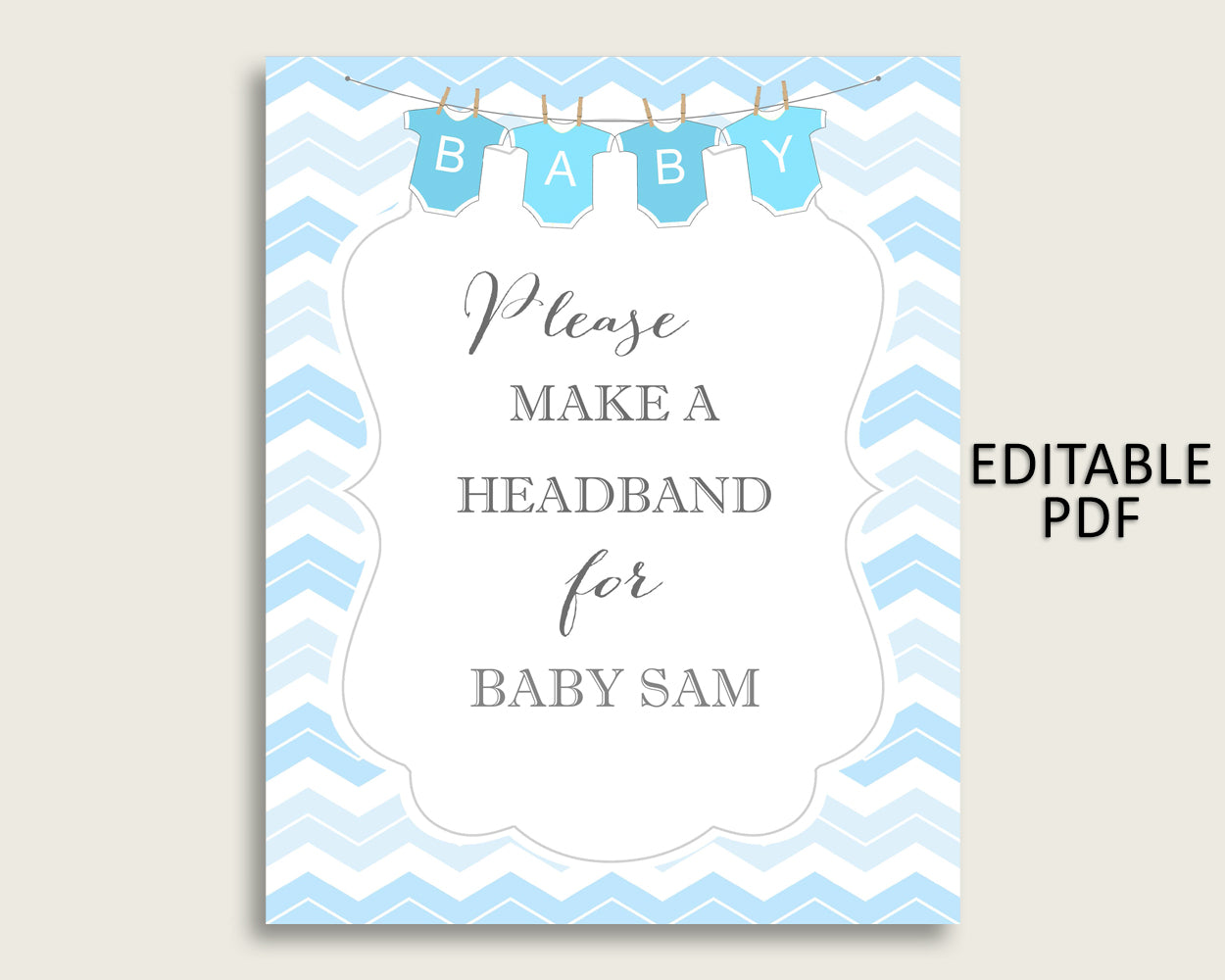 Chevron Baby Shower Headband Sign, Blue White Headband Station Sign Editable, Boy Shower Headband For Baby, Instant Download, Popular cbl01