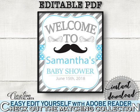 Blue Gray Welcome Sign, Baby Shower Welcome Sign, Mustache Baby Shower Welcome Sign, Baby Shower Mustache Welcome Sign digital print 9P2QW - Digital Product