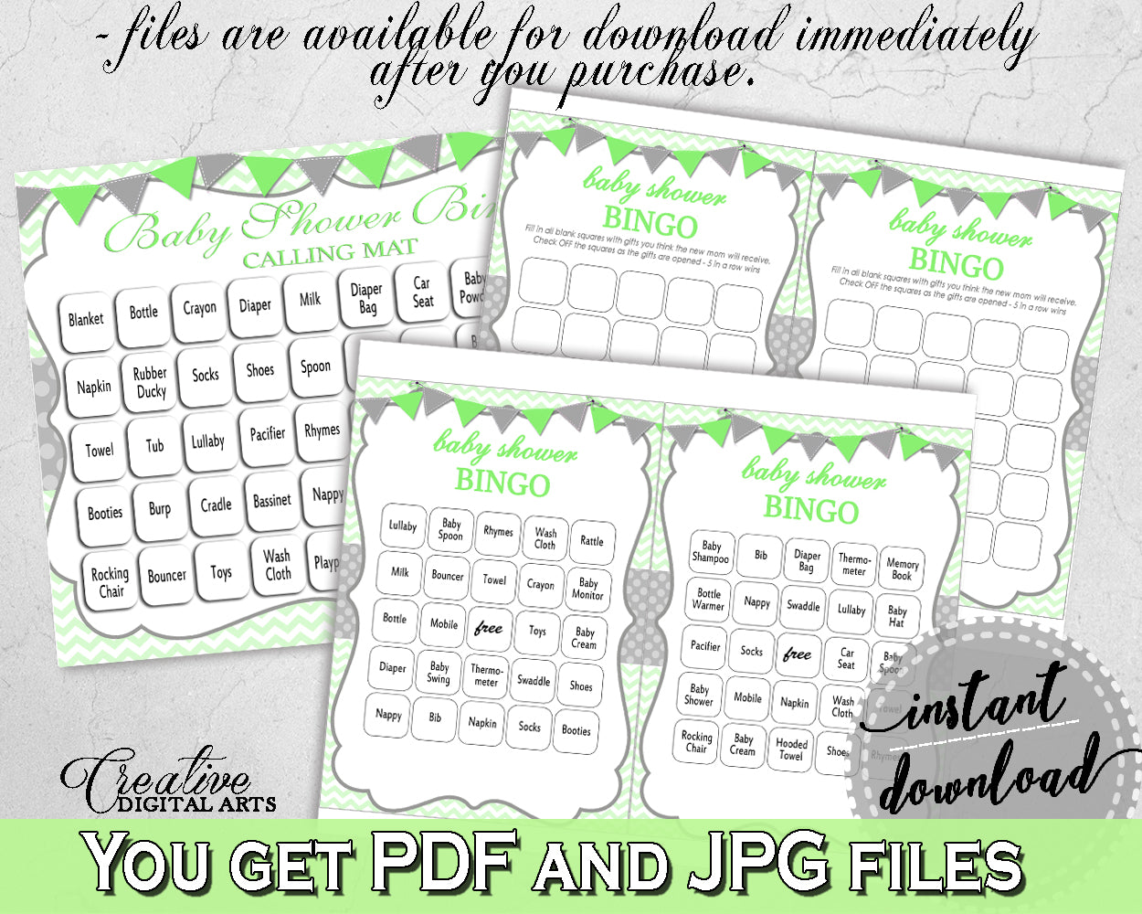 Baby Shower BINGO 60 cards game and empty gift BINGO cards with green chevron theme printable, Jpg and Pdf, instant download - cgr01