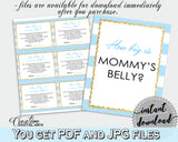 How Big Is MOMMY'S BELLY baby shower printable game with blue and white stripes, glitter gold, Jpg Pdf, instant download - bs002