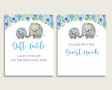 Elephant Blue Baby Shower Boy Table Signs Printable, Blue Gray Party Table Decor, Favors, Food, Drink, Treat, Guest Book, Instant ebl01